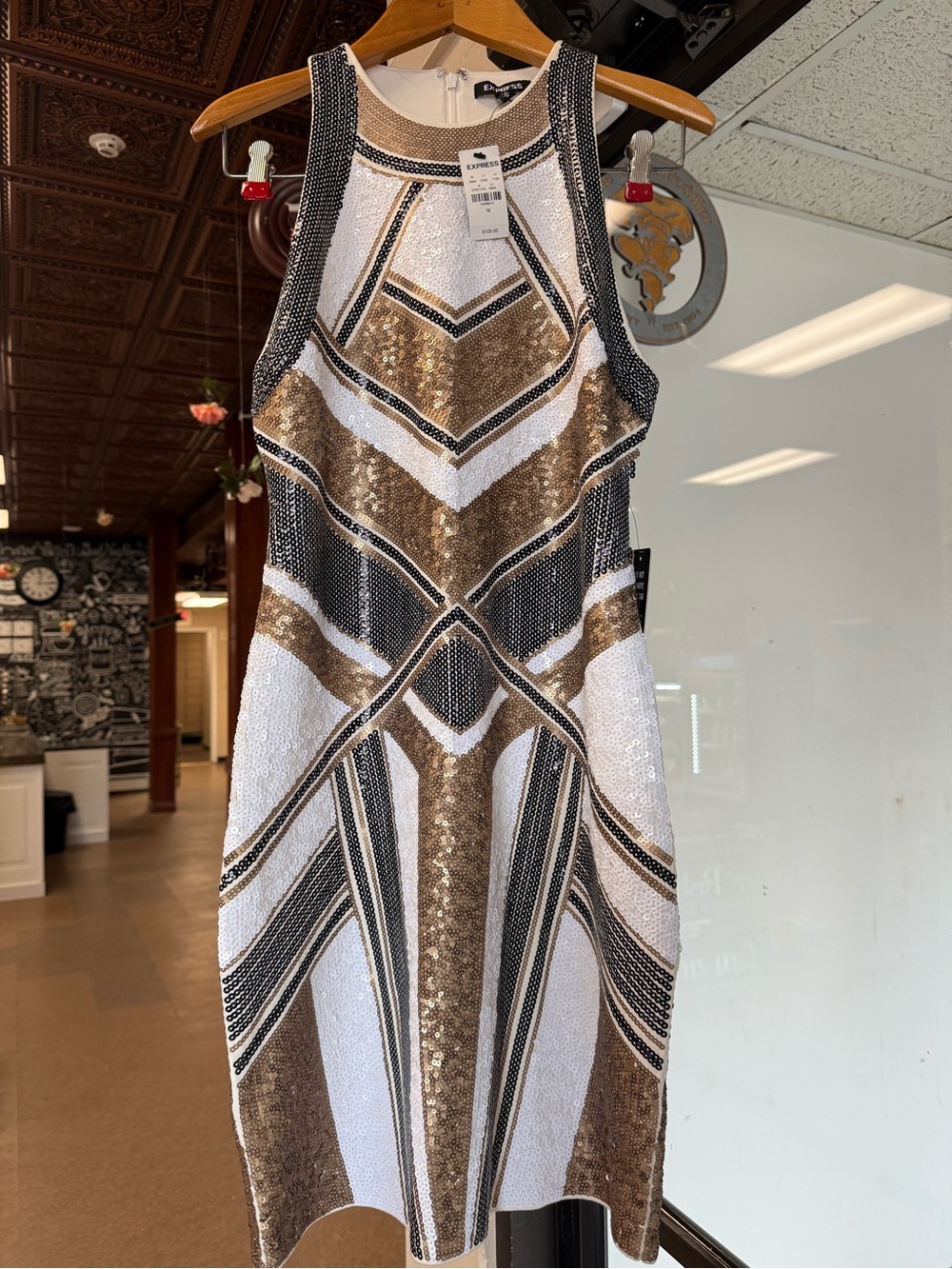 Express Sequin Geometric metallic  white gold & black Bodycon Dress NWT Medium